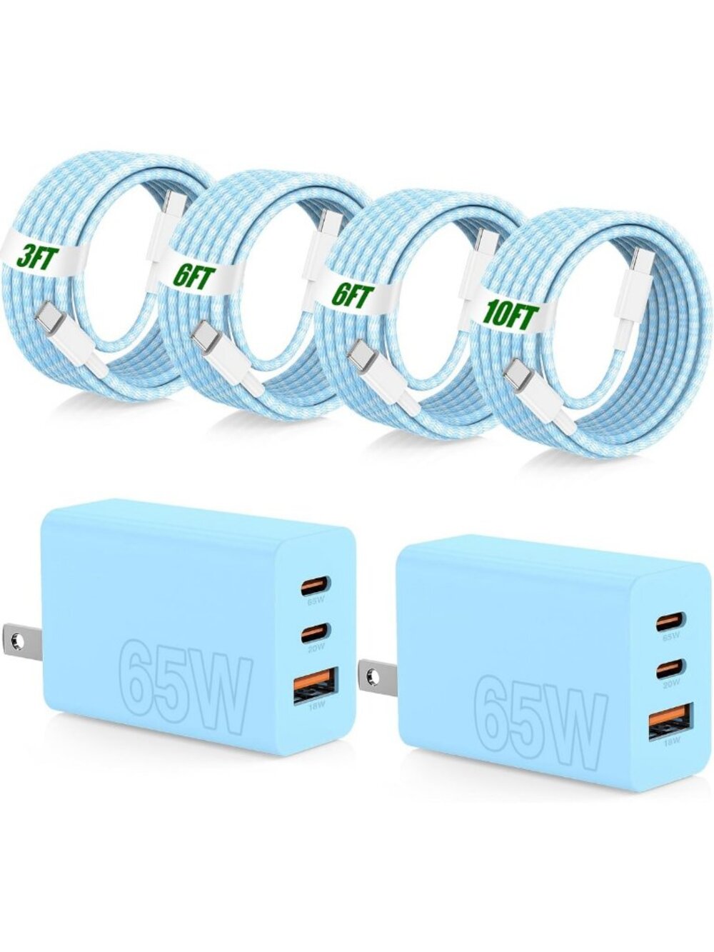 65W Fast Charging USB C Charger Block & Braided Type C Cords for iPhone